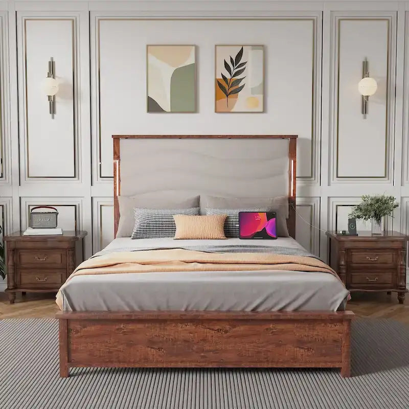 Cadre de lit King Size Rembourré Tête de lit en lin Lumières LED Chargement USB Lattes en bois Marron Gris
