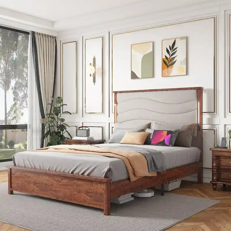 Cadre de lit King Size Rembourré Tête de lit en lin Lumières LED Chargement USB Lattes en bois Marron Gris