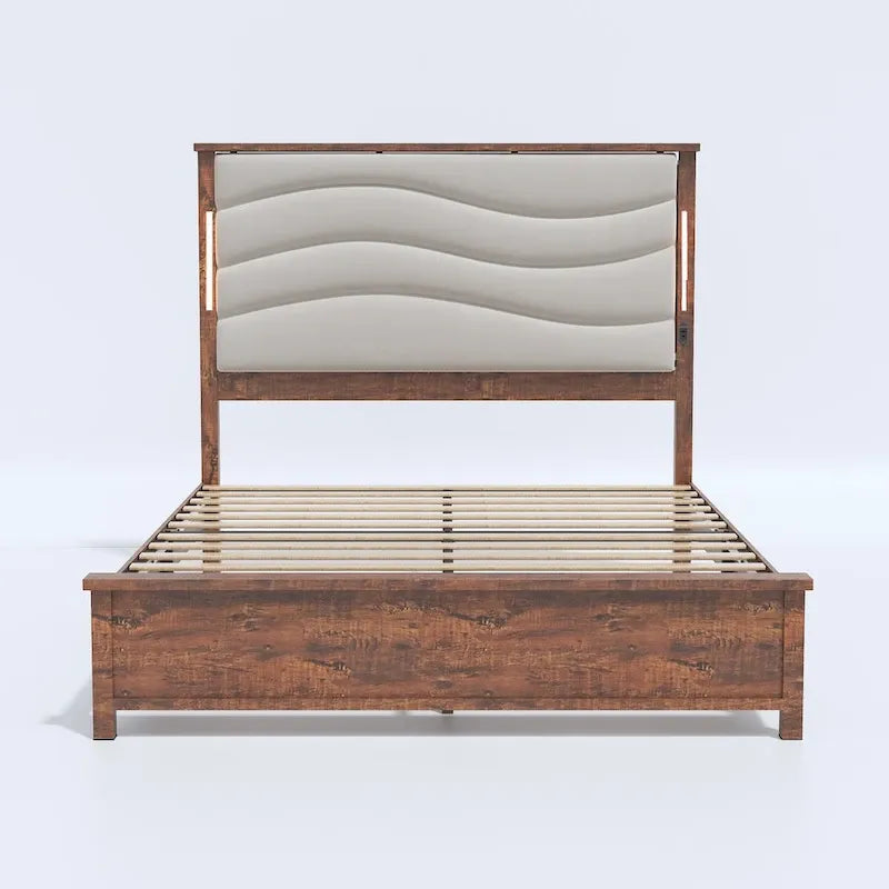 Cadre de lit King Size Rembourré Tête de lit en lin Lumières LED Chargement USB Lattes en bois Marron Gris