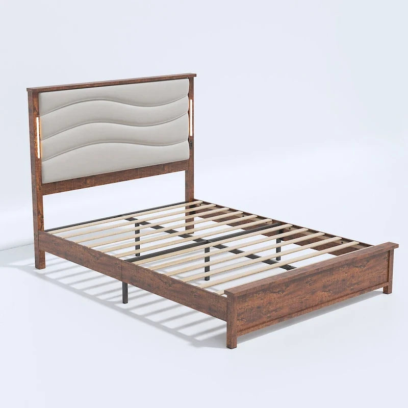 Cadre de lit King Size Rembourré Tête de lit en lin Lumières LED Chargement USB Lattes en bois Marron Gris