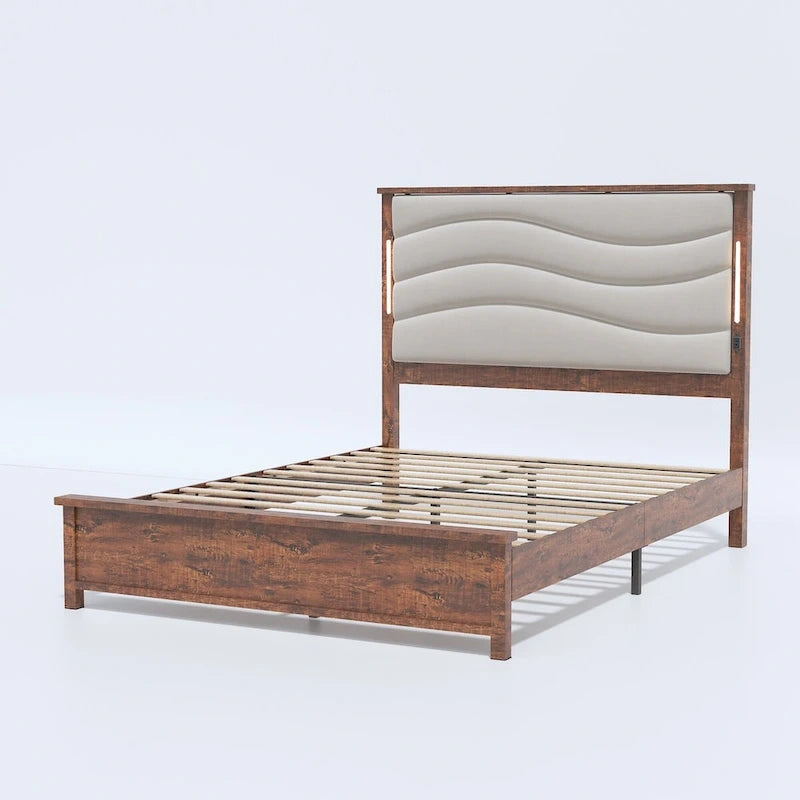 Cadre de lit King Size Rembourré Tête de lit en lin Lumières LED Chargement USB Lattes en bois Marron Gris