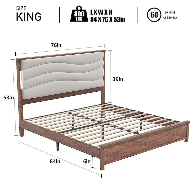 Cadre de lit King Size Rembourré Tête de lit en lin Lumières LED Chargement USB Lattes en bois Marron Gris