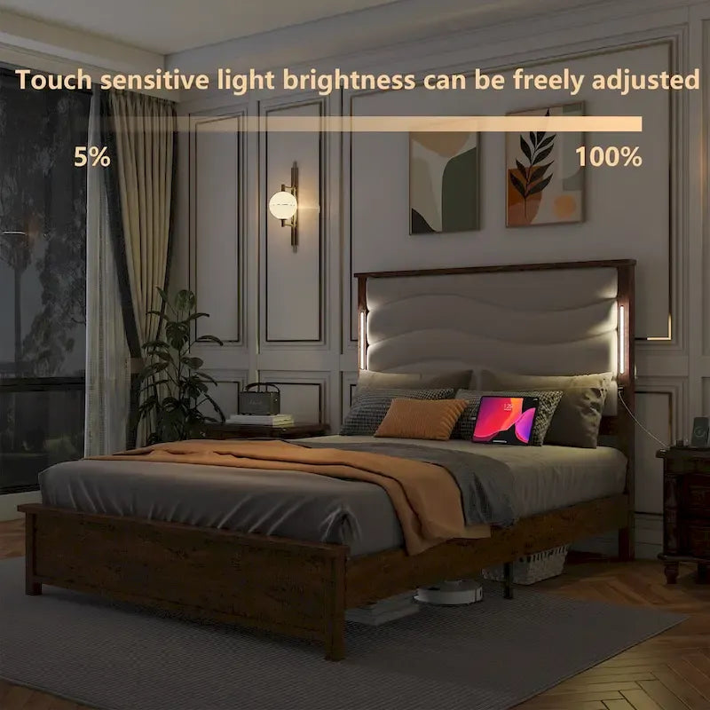 Cadre de lit King Size Rembourré Tête de lit en lin Lumières LED Chargement USB Lattes en bois Marron Gris