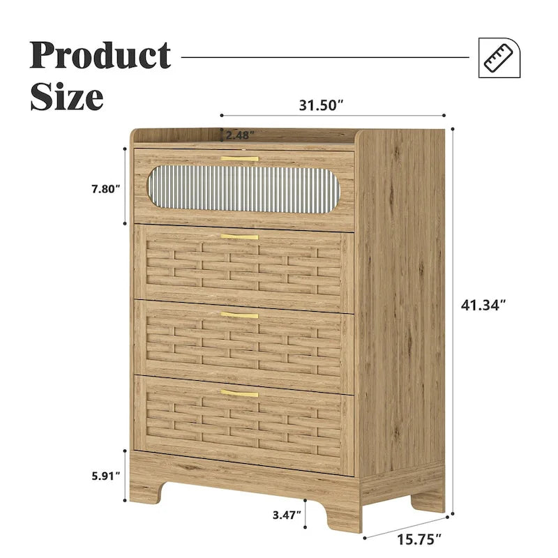 Commode à tiroirs multiples avec poignées dorées et plateau en bois tressé