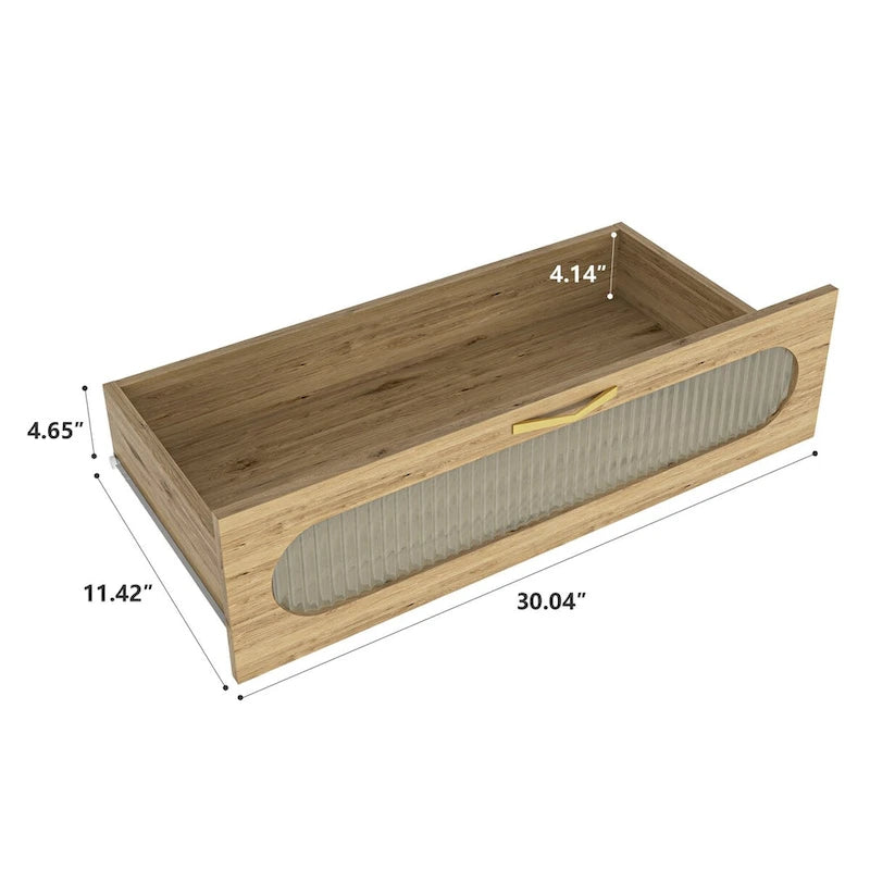 Commode à tiroirs multiples avec poignées dorées et plateau en bois tressé