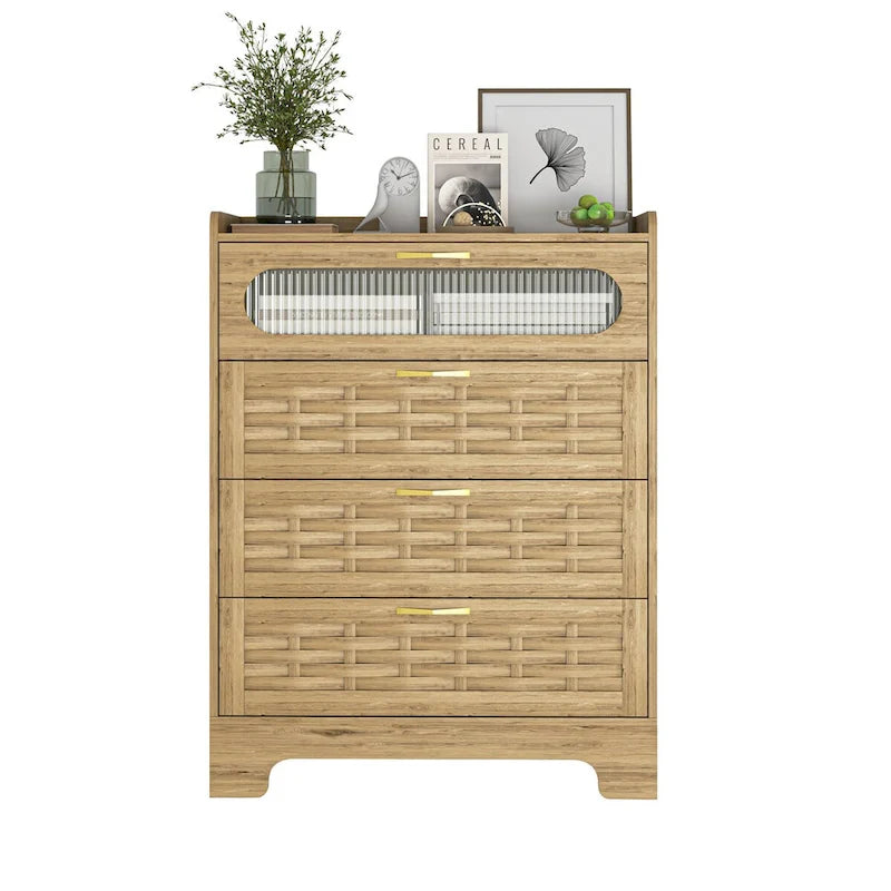 Commode à tiroirs multiples avec poignées dorées et plateau en bois tressé