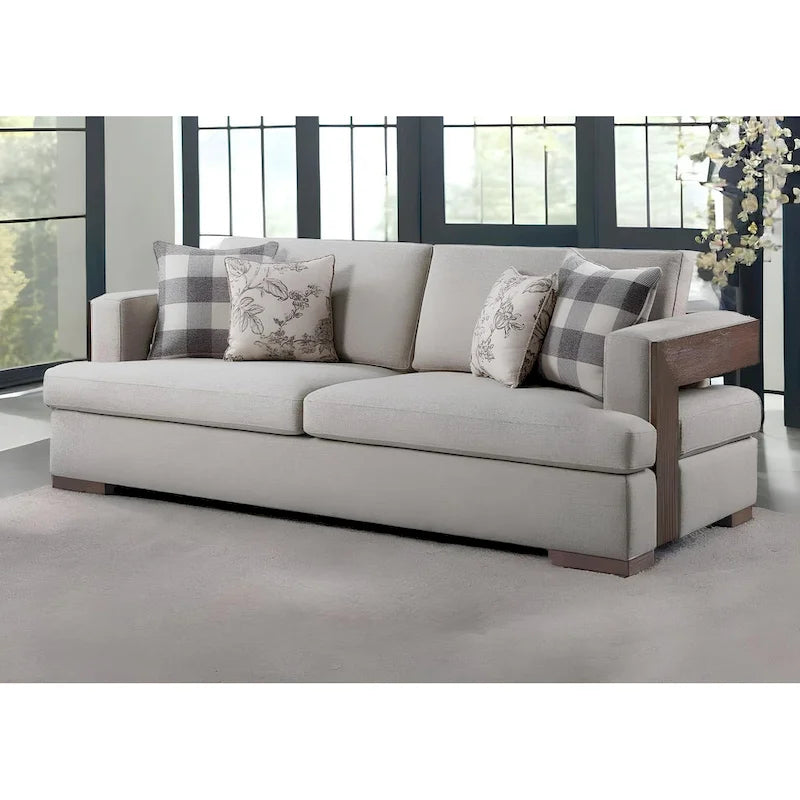 Canapé en tissu beige avec accoudoirs droits et pieds en bois massif marron