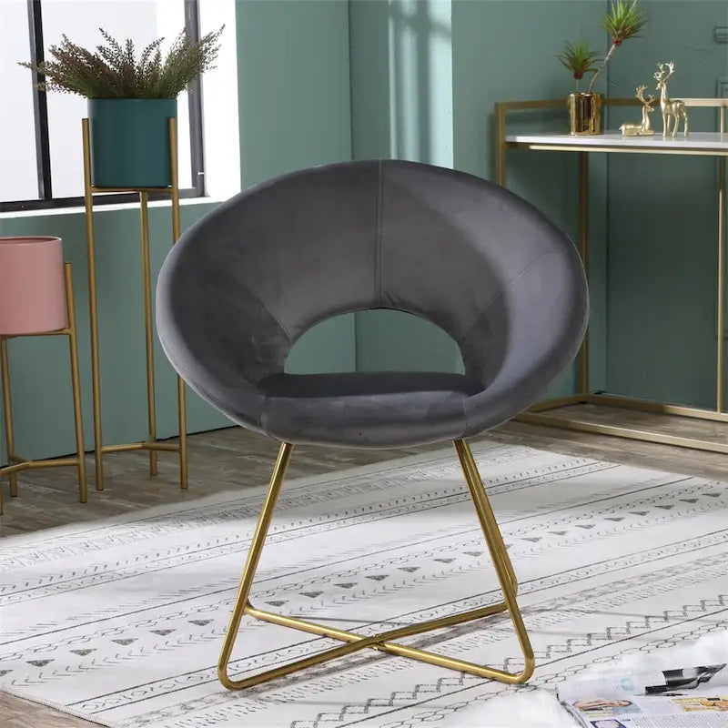 Fauteuil d'appoint rond en velours avec piètement luge en métal doré, vert gris bleu