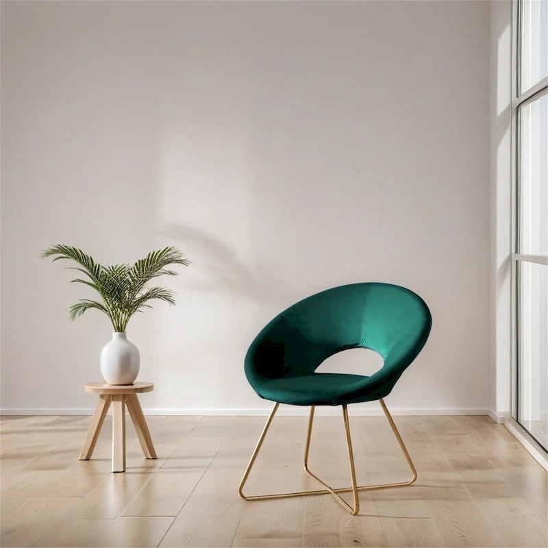 Fauteuil d'appoint rond en velours avec piètement luge en métal doré, vert gris bleu