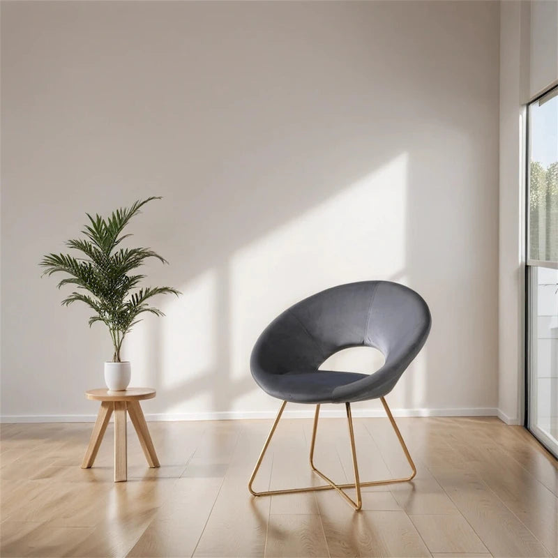 Fauteuil d'appoint rond en velours avec piètement luge en métal doré, vert gris bleu