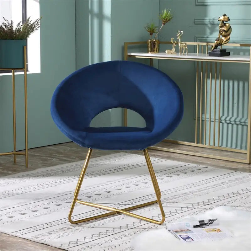 Fauteuil d'appoint rond en velours avec piètement luge en métal doré, vert gris bleu
