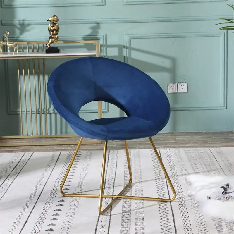 Fauteuil d'appoint rond en velours avec piètement luge en métal doré, vert gris bleu