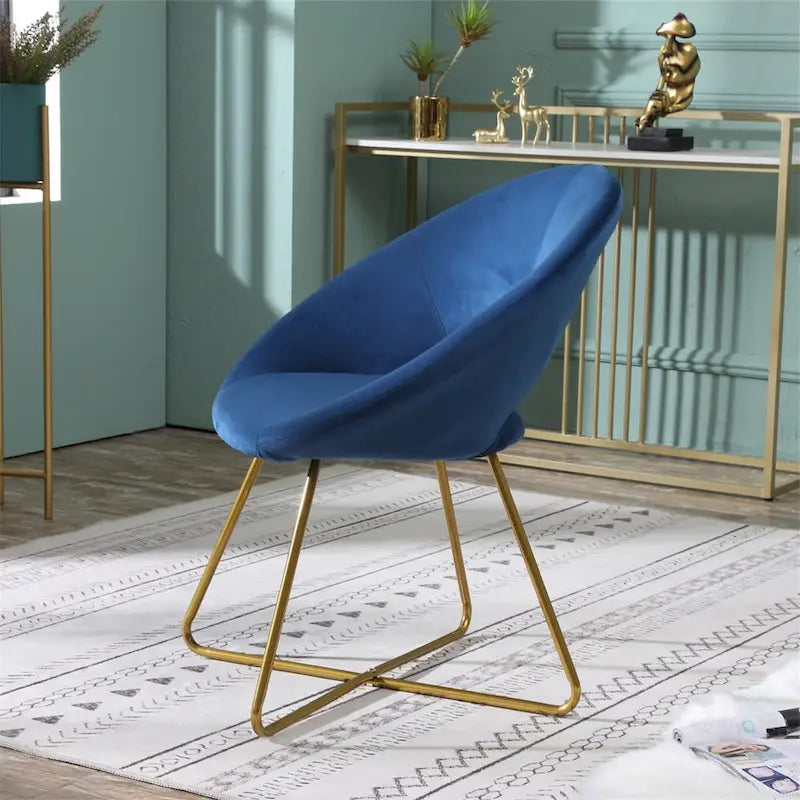Fauteuil d'appoint rond en velours avec piètement luge en métal doré, vert gris bleu