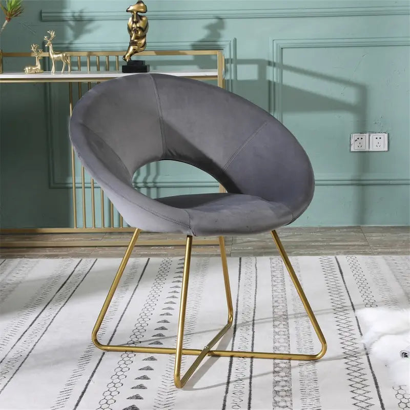 Fauteuil d'appoint rond en velours avec piètement luge en métal doré, vert gris bleu