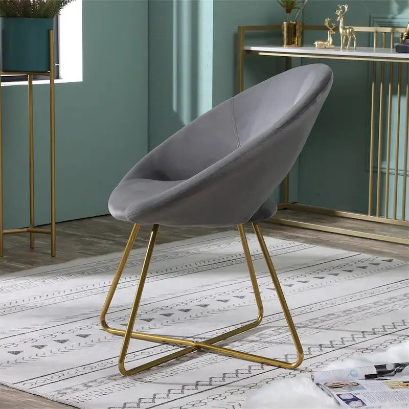 Fauteuil d'appoint rond en velours avec piètement luge en métal doré, vert gris bleu