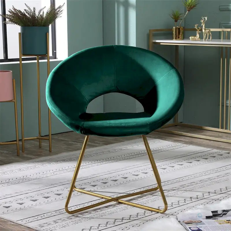 Fauteuil d'appoint rond en velours avec piètement luge en métal doré, vert gris bleu