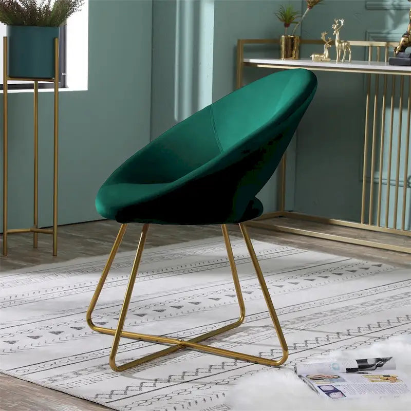 Fauteuil d'appoint rond en velours avec piètement luge en métal doré, vert gris bleu