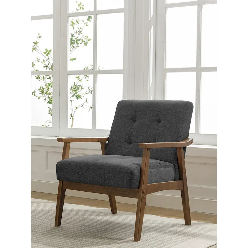 Fauteuil d'appoint capitonné en tissu de style Mid-Century avec pieds en bois d'hévéa