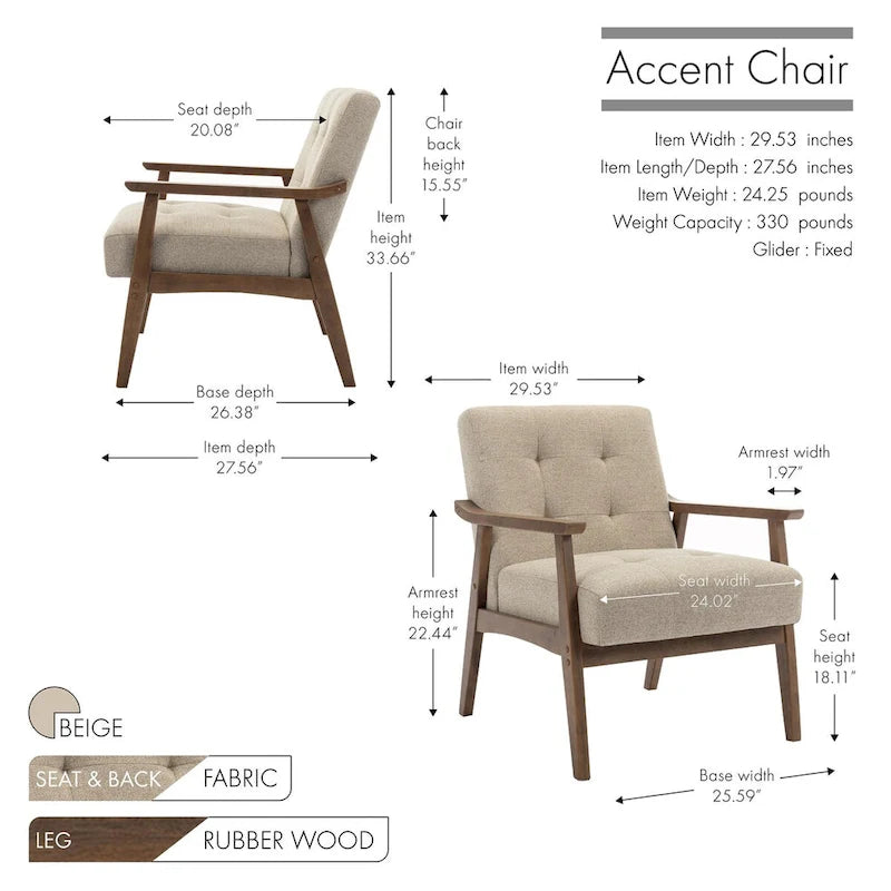 Fauteuil d'appoint capitonné en tissu de style Mid-Century avec pieds en bois d'hévéa
