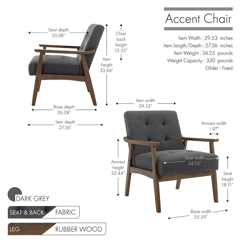 Fauteuil d'appoint capitonné en tissu de style Mid-Century avec pieds en bois d'hévéa
