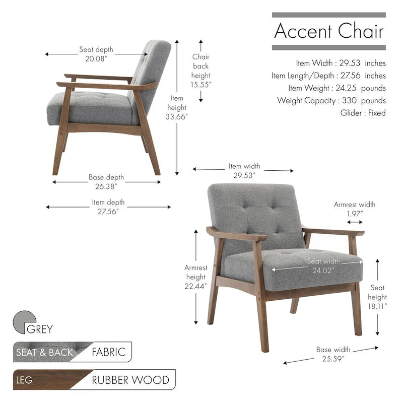 Fauteuil d'appoint capitonné en tissu de style Mid-Century avec pieds en bois d'hévéa