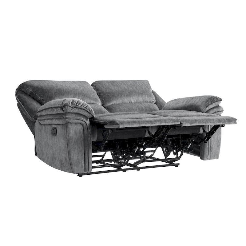 Causeuse inclinable double manuelle en microfibre touffetée grise avec accoudoirs rembourrés