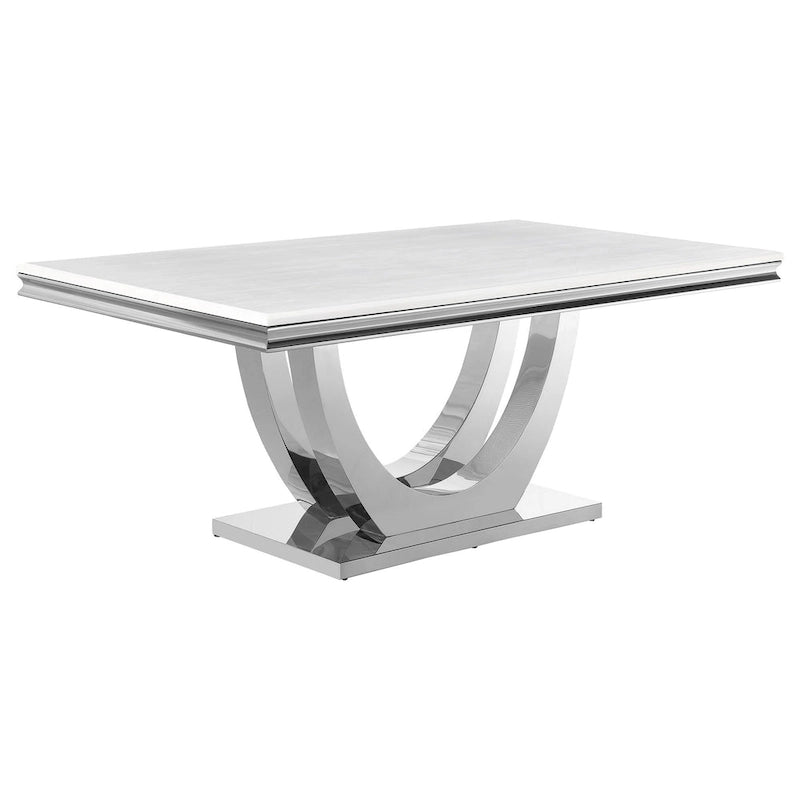 Table à manger rectangulaire avec plateau en faux marbre blanc et pied central chromé