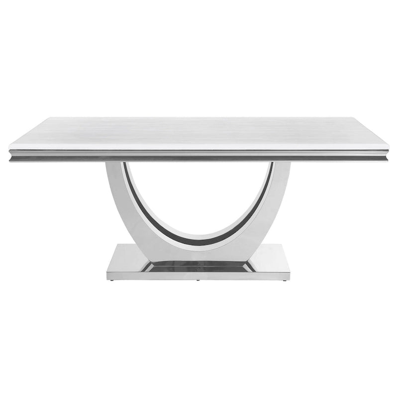 Table à manger rectangulaire avec plateau en faux marbre blanc et pied central chromé