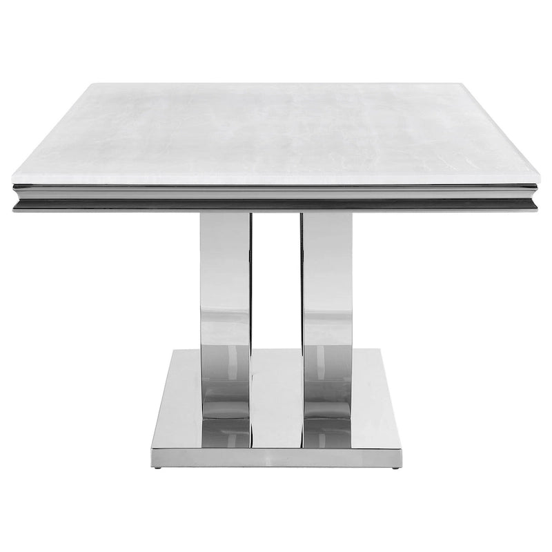 Table à manger rectangulaire avec plateau en faux marbre blanc et pied central chromé