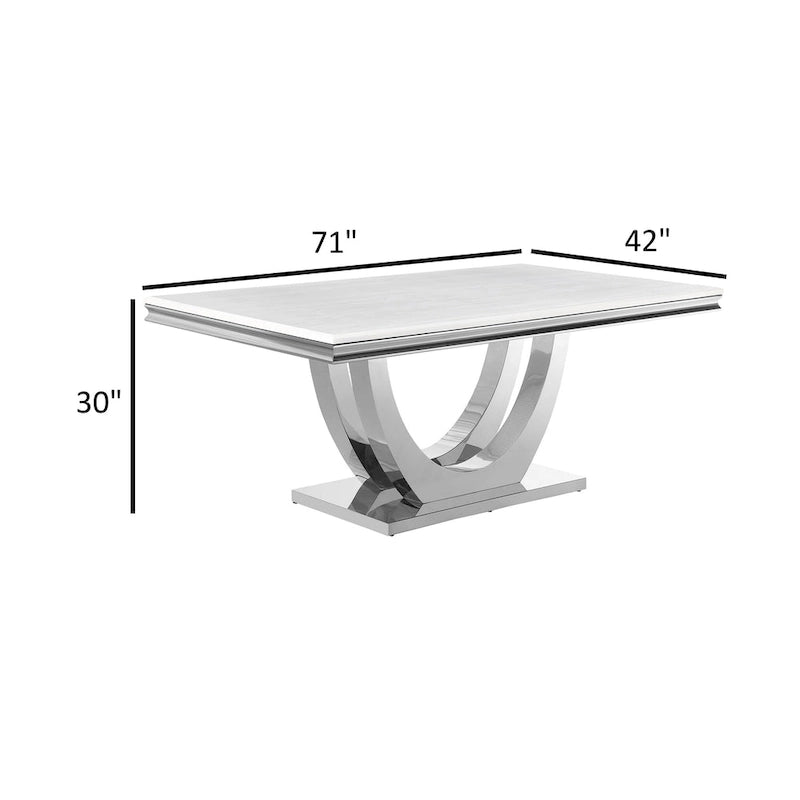 Table à manger rectangulaire avec plateau en faux marbre blanc et pied central chromé
