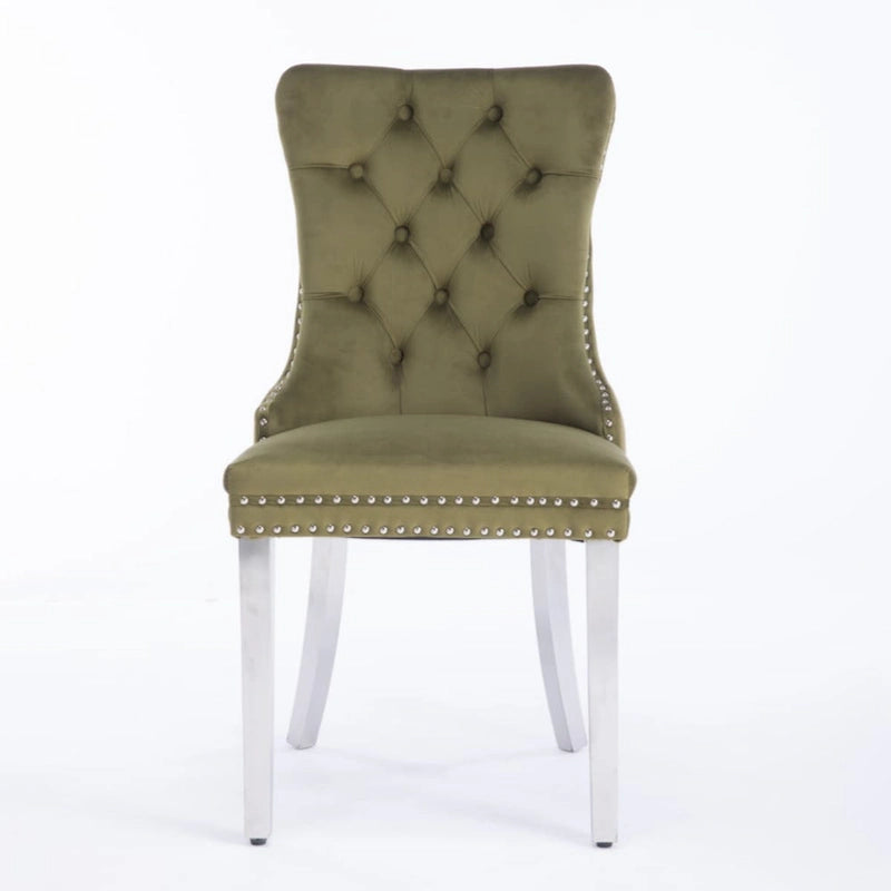 Chaise de salle à manger capitonnée en velours avec clous décoratifs et pieds chromés