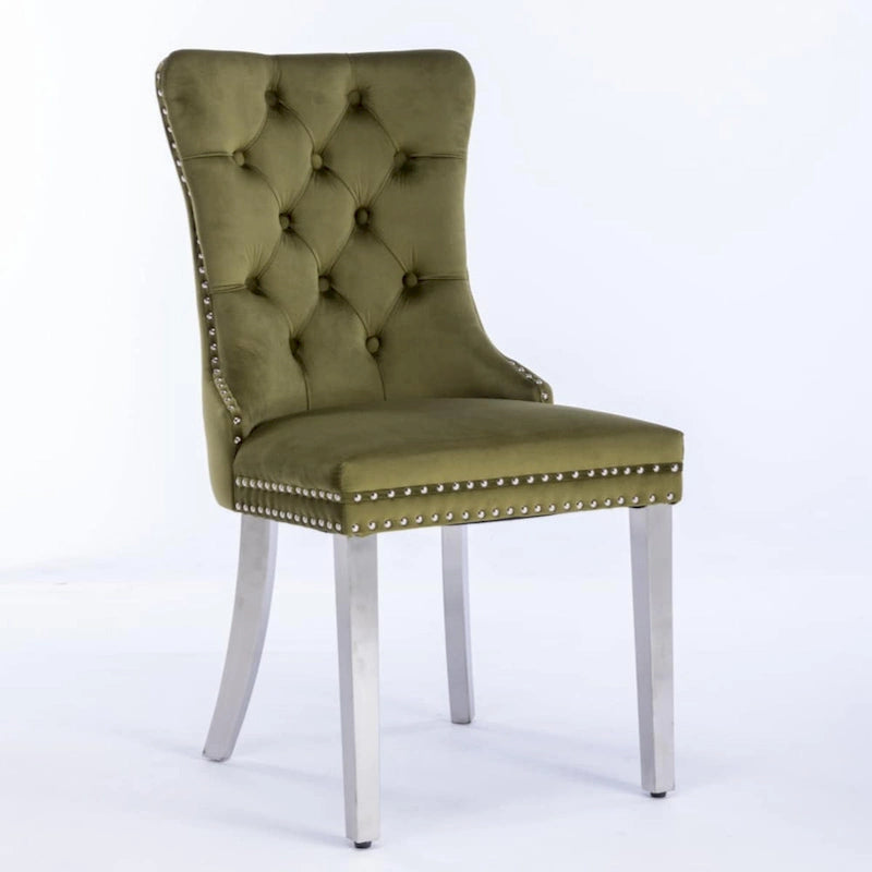 Chaise de salle à manger capitonnée en velours avec clous décoratifs et pieds chromés