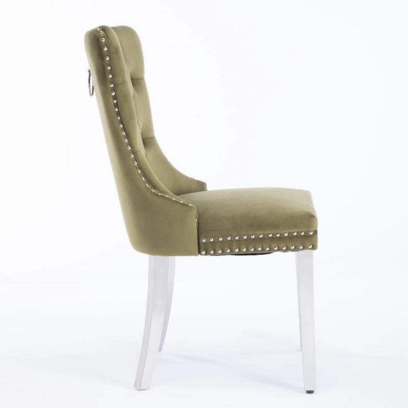 Chaise de salle à manger capitonnée en velours avec clous décoratifs et pieds chromés