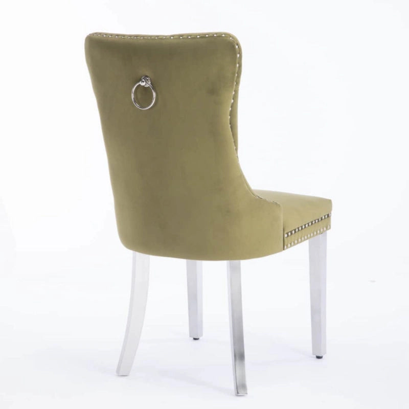 Chaise de salle à manger capitonnée en velours avec clous décoratifs et pieds chromés
