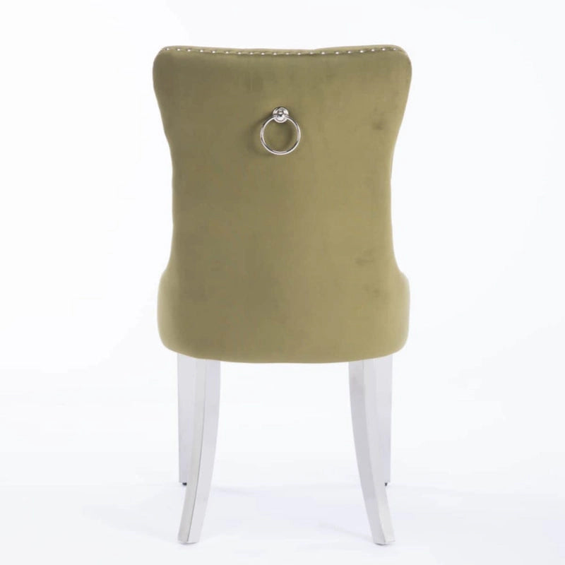 Chaise de salle à manger capitonnée en velours avec clous décoratifs et pieds chromés