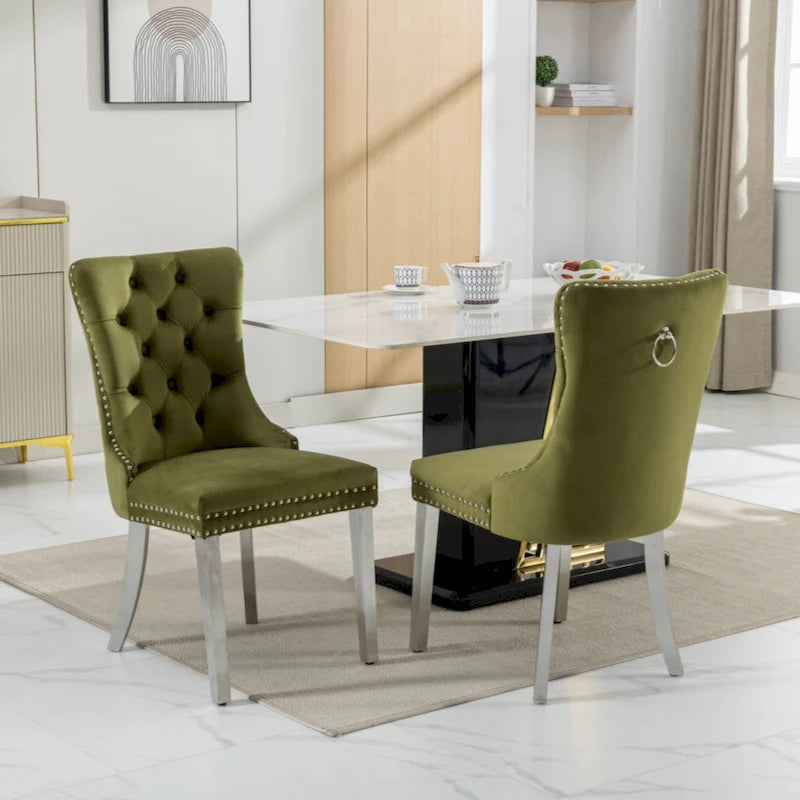 Chaise de salle à manger capitonnée en velours avec clous décoratifs et pieds chromés