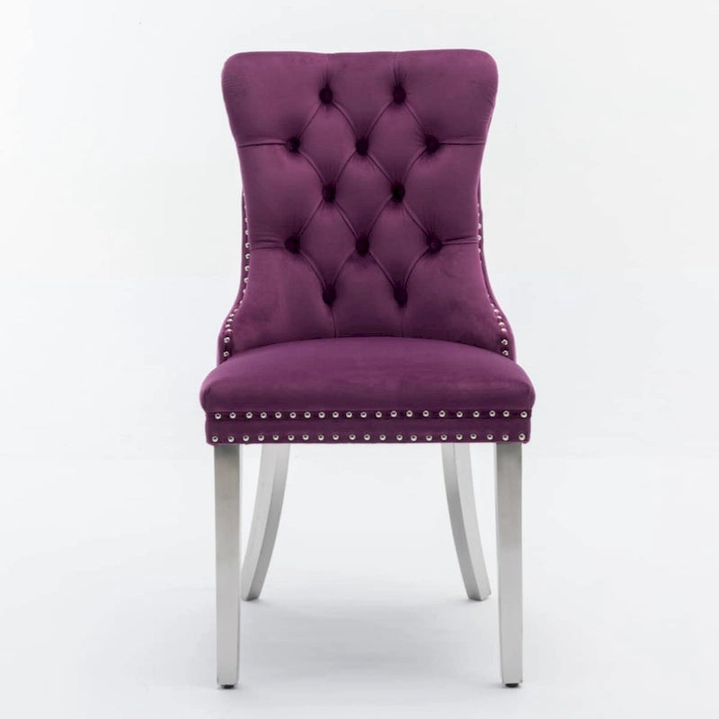 Chaise de salle à manger capitonnée en velours avec clous décoratifs et pieds chromés