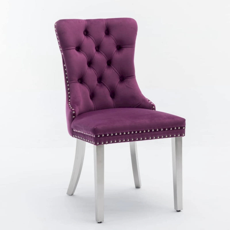 Chaise de salle à manger capitonnée en velours avec clous décoratifs et pieds chromés