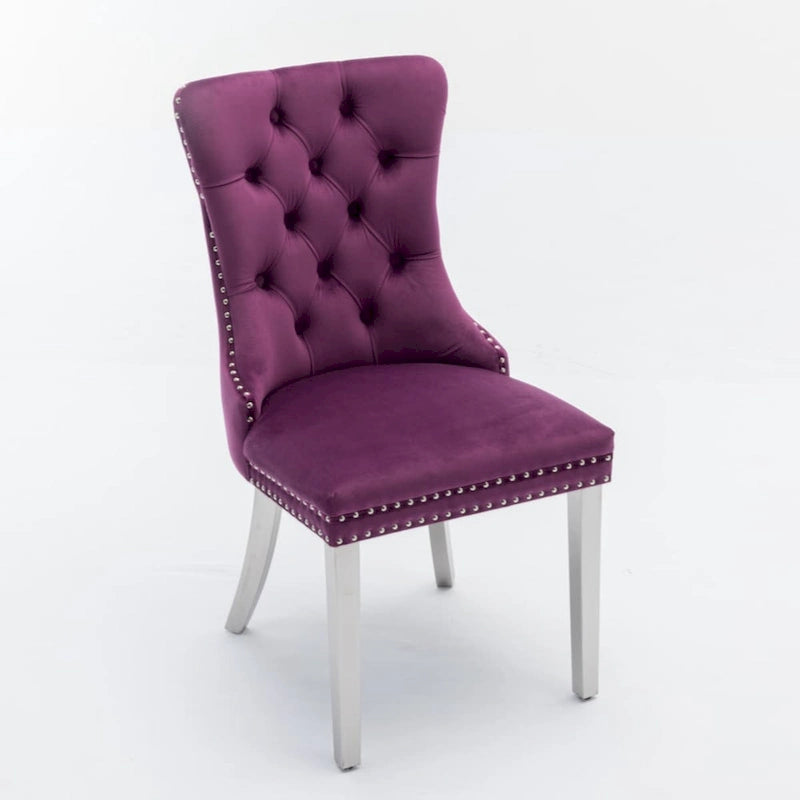 Chaise de salle à manger capitonnée en velours avec clous décoratifs et pieds chromés