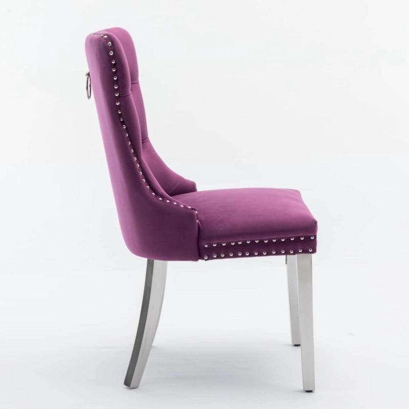 Chaise de salle à manger capitonnée en velours avec clous décoratifs et pieds chromés