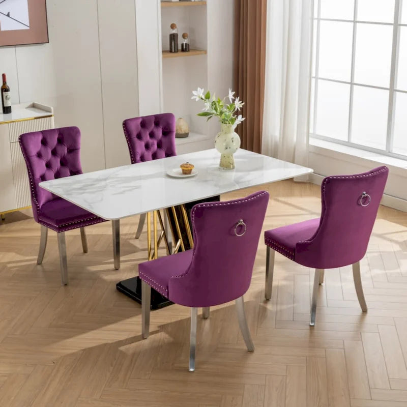 Chaise de salle à manger capitonnée en velours avec clous décoratifs et pieds chromés