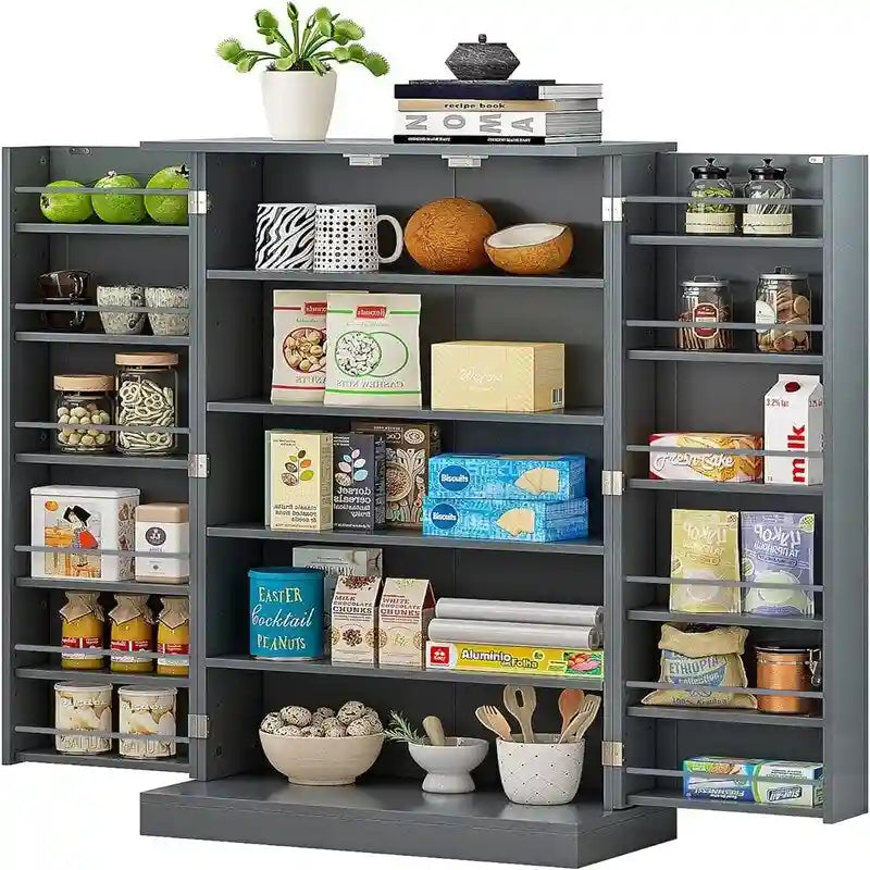 Meuble de garde-manger de cuisine autoportant avec étagères réglables et rangements de porte, bleu marine