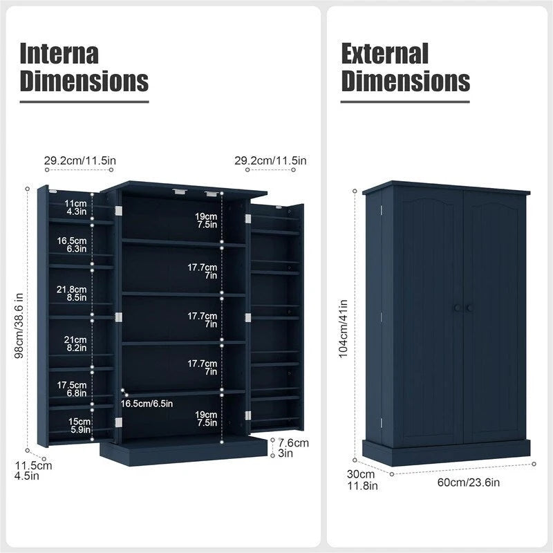 Meuble de garde-manger de cuisine autoportant avec étagères réglables et rangements de porte, bleu marine