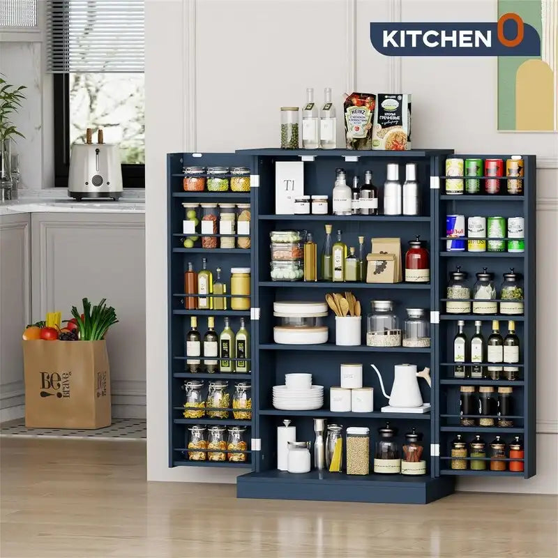 Meuble de garde-manger de cuisine autoportant avec étagères réglables et rangements de porte, bleu marine
