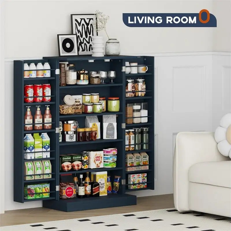 Meuble de garde-manger de cuisine autoportant avec étagères réglables et rangements de porte, bleu marine