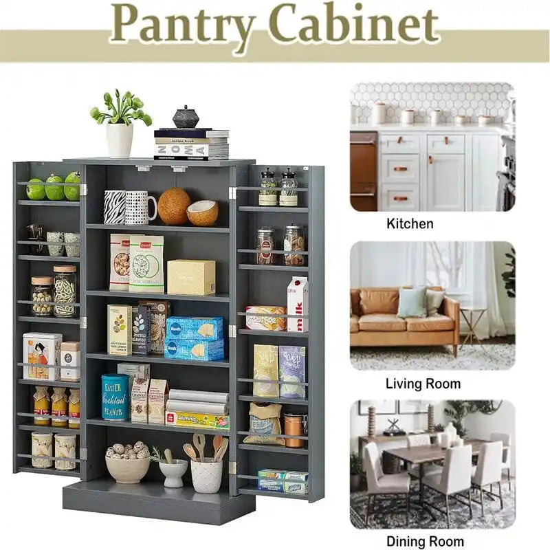 Meuble de garde-manger de cuisine autoportant avec étagères réglables et rangements de porte, bleu marine
