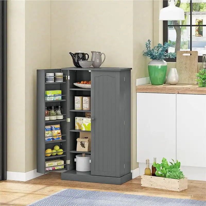 Meuble de garde-manger de cuisine autoportant avec étagères réglables et rangements de porte, bleu marine