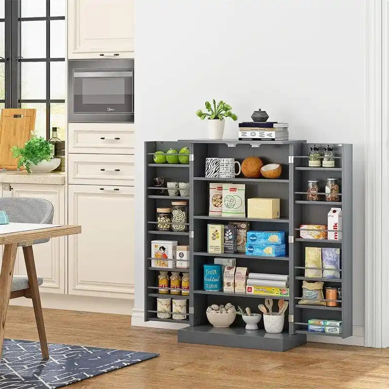 Meuble de garde-manger de cuisine autoportant avec étagères réglables et rangements de porte, bleu marine