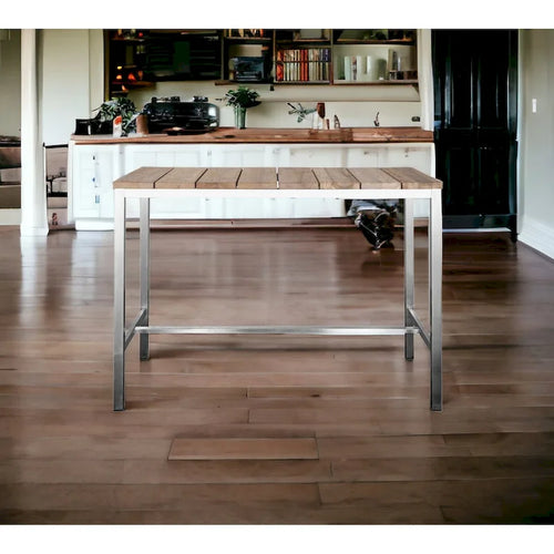 HomeRoots 55 Wood Brown and Silver Solid Wood and Stainless Steel Dining Table