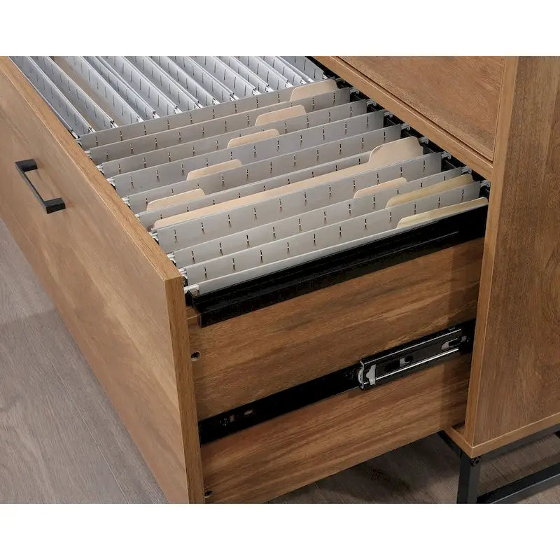 Classeur latéral à 2 tiroirs en bois de chêne avec plateau blanc et base en métal